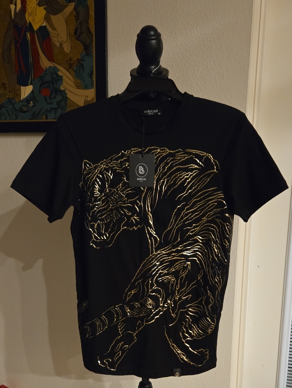 Burycan Paris Black Tee with Raised Gold Tiger Brand New Sz XS